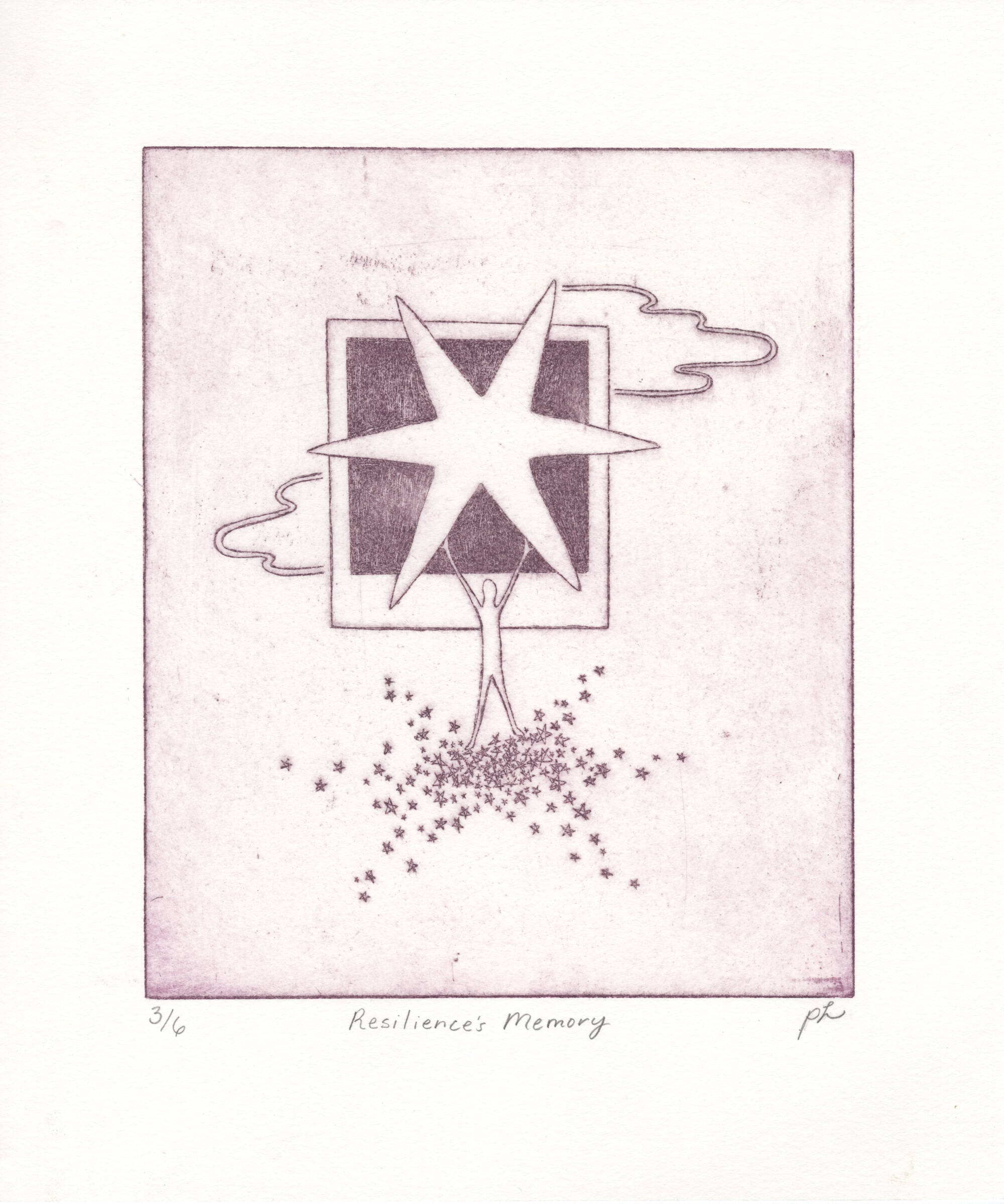 Purple image of a small figure standing tall, holding a large star, while standing on smaller stars. Behind large start is a shape that looks like a Polaroid with clouds behind it.
